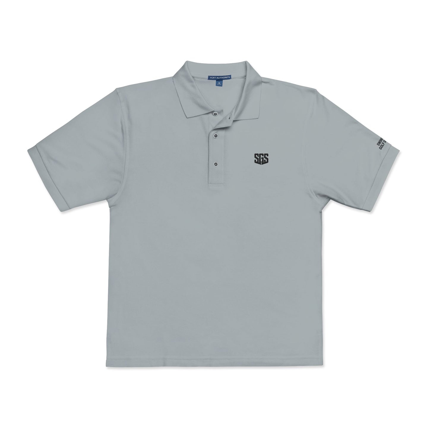 Gray polo shirt with a logo on a white background