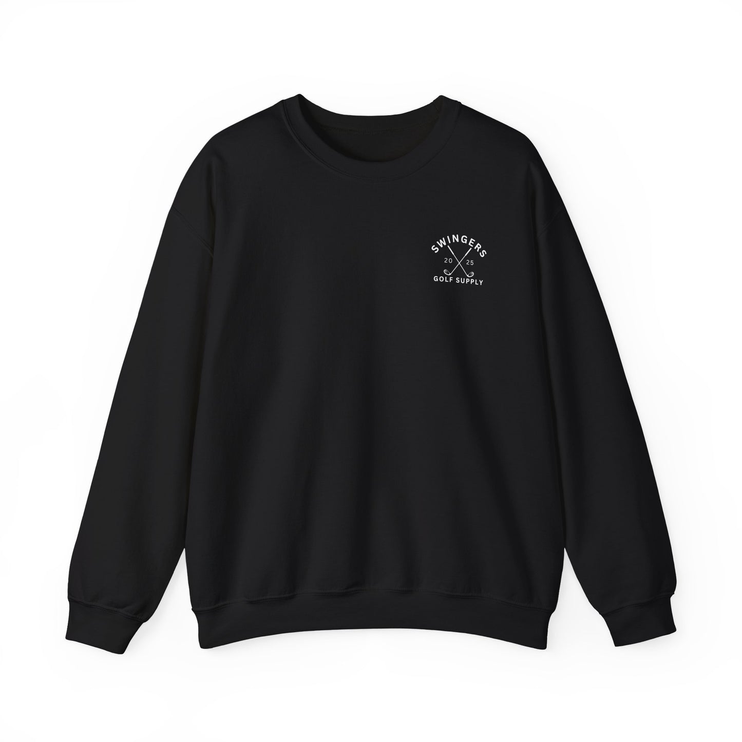 Black sweatshirt with a logo on the chest against a white background