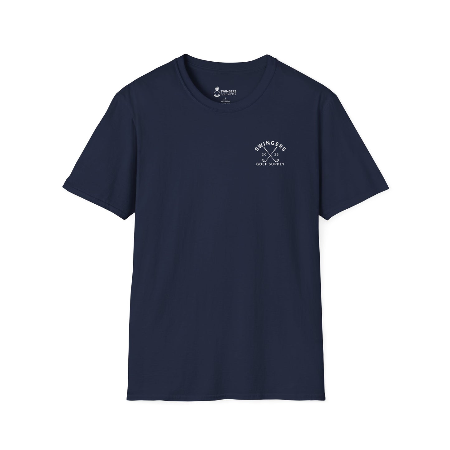 Navy blue t-shirt with a white logo on a white background