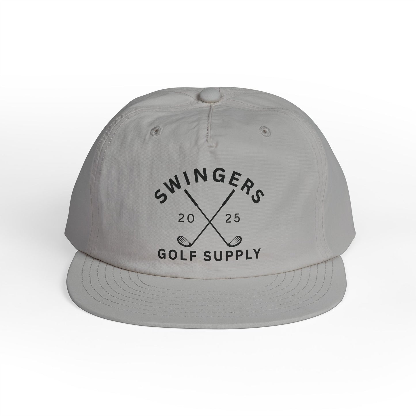 Gray cap with 'Swingers Golf Supply' text and design on a white background