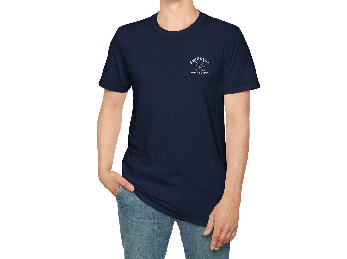 Man wearing a navy blue t-shirt with a logo on a white background