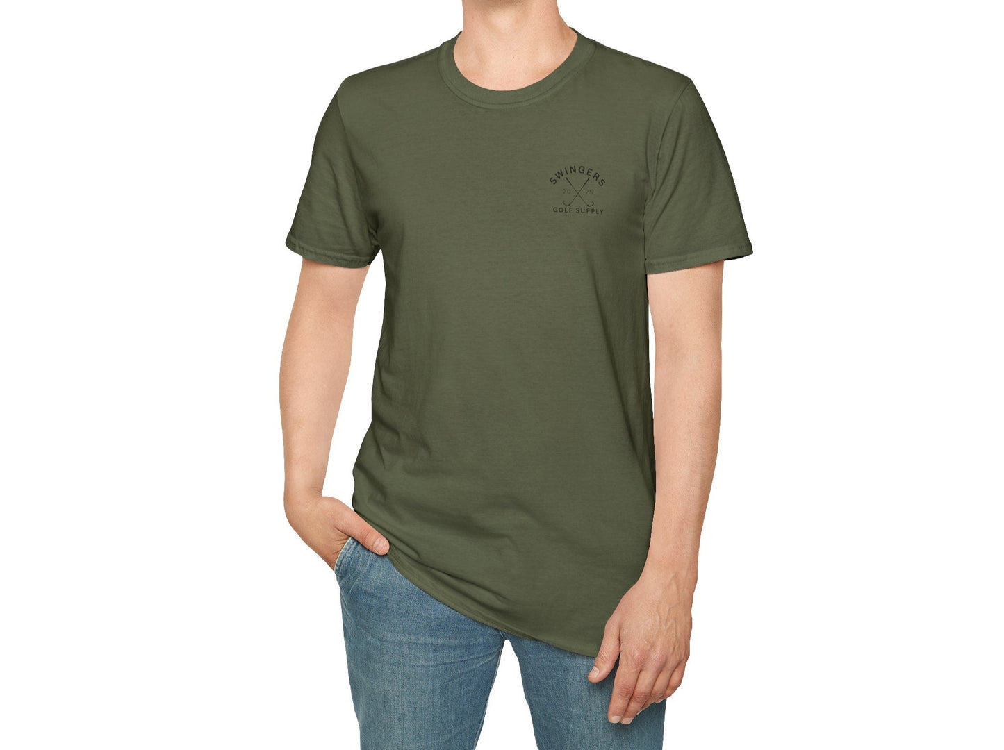Man wearing a green t-shirt with a logo on a white background