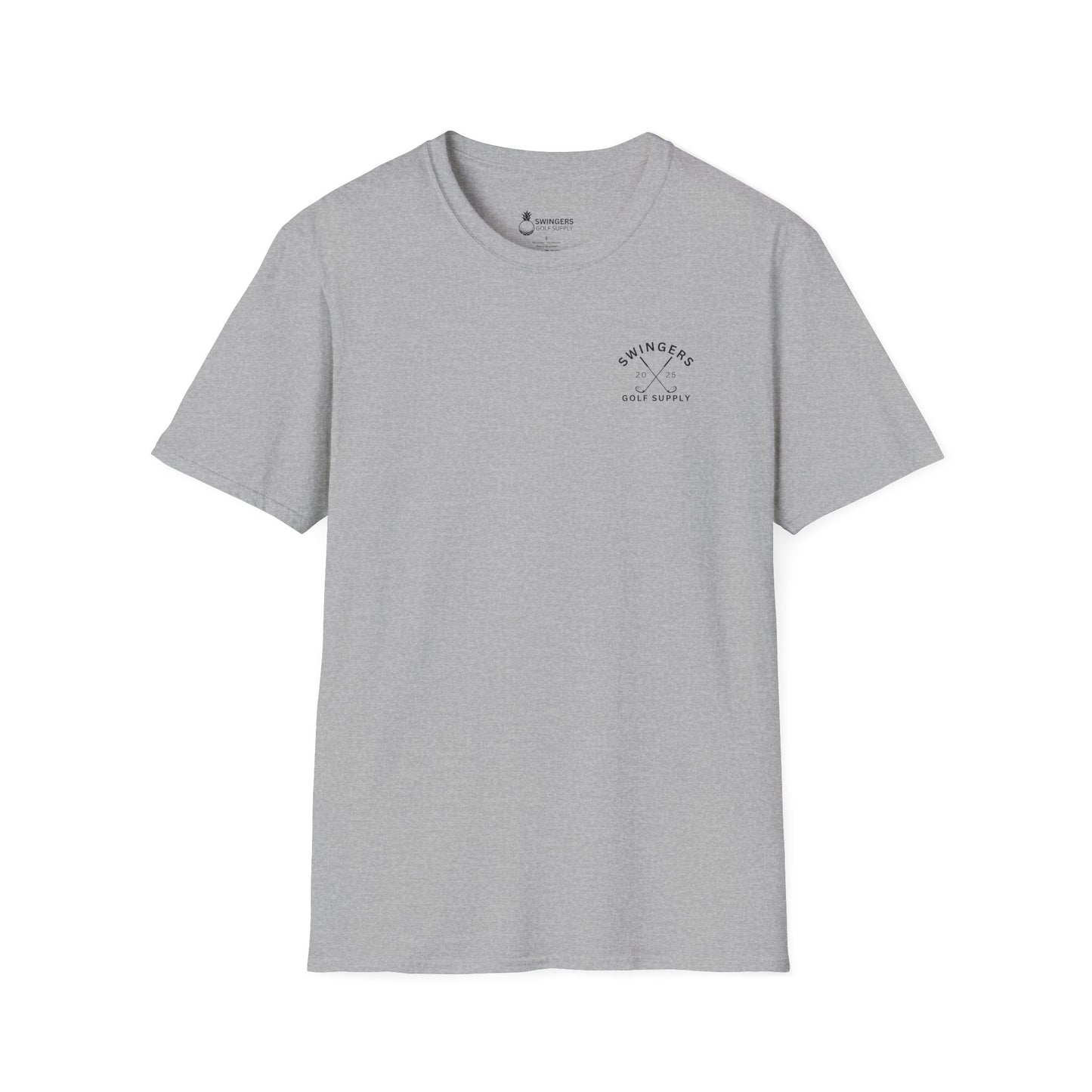 Gray t-shirt with a small logo on a white background