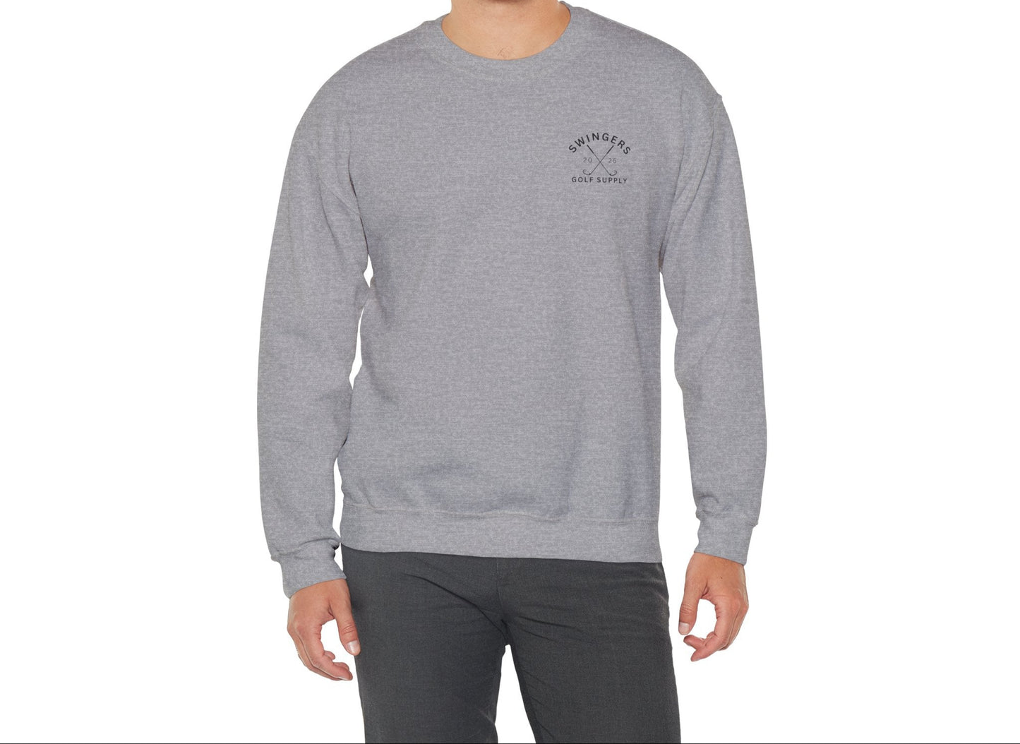 Man wearing a gray sweatshirt with a logo on a white background