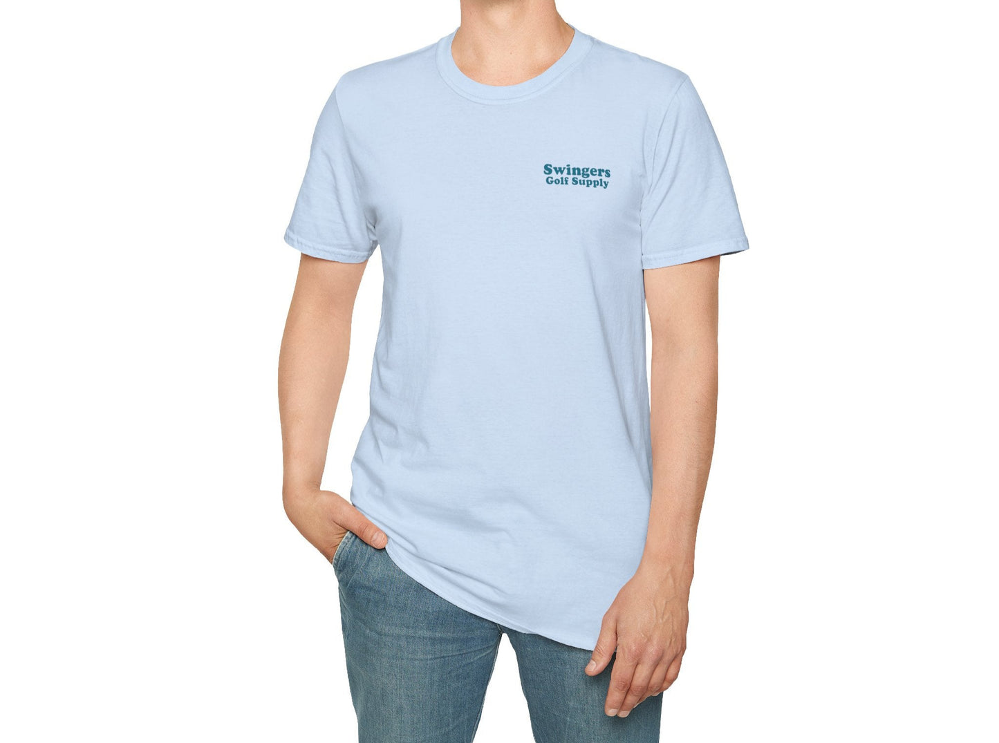 Person wearing a light blue t-shirt with text on a white background