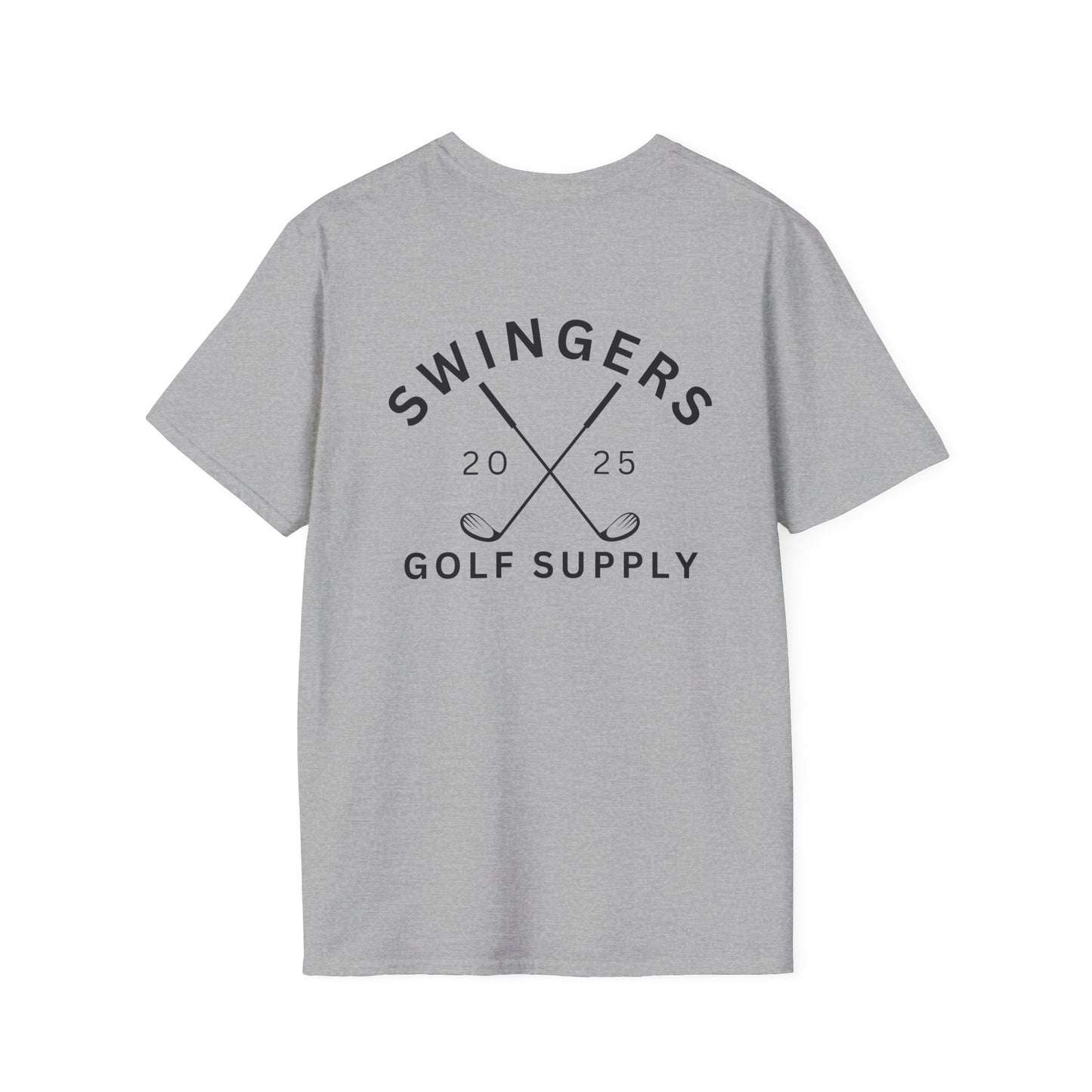 Gray t-shirt with 'Swingers Golf Supply' text and golf club graphics on a white background