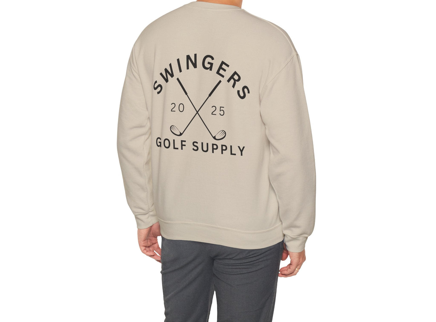 Person wearing a beige sweatshirt with 'Swingers Golf Supply' text and design on the back.