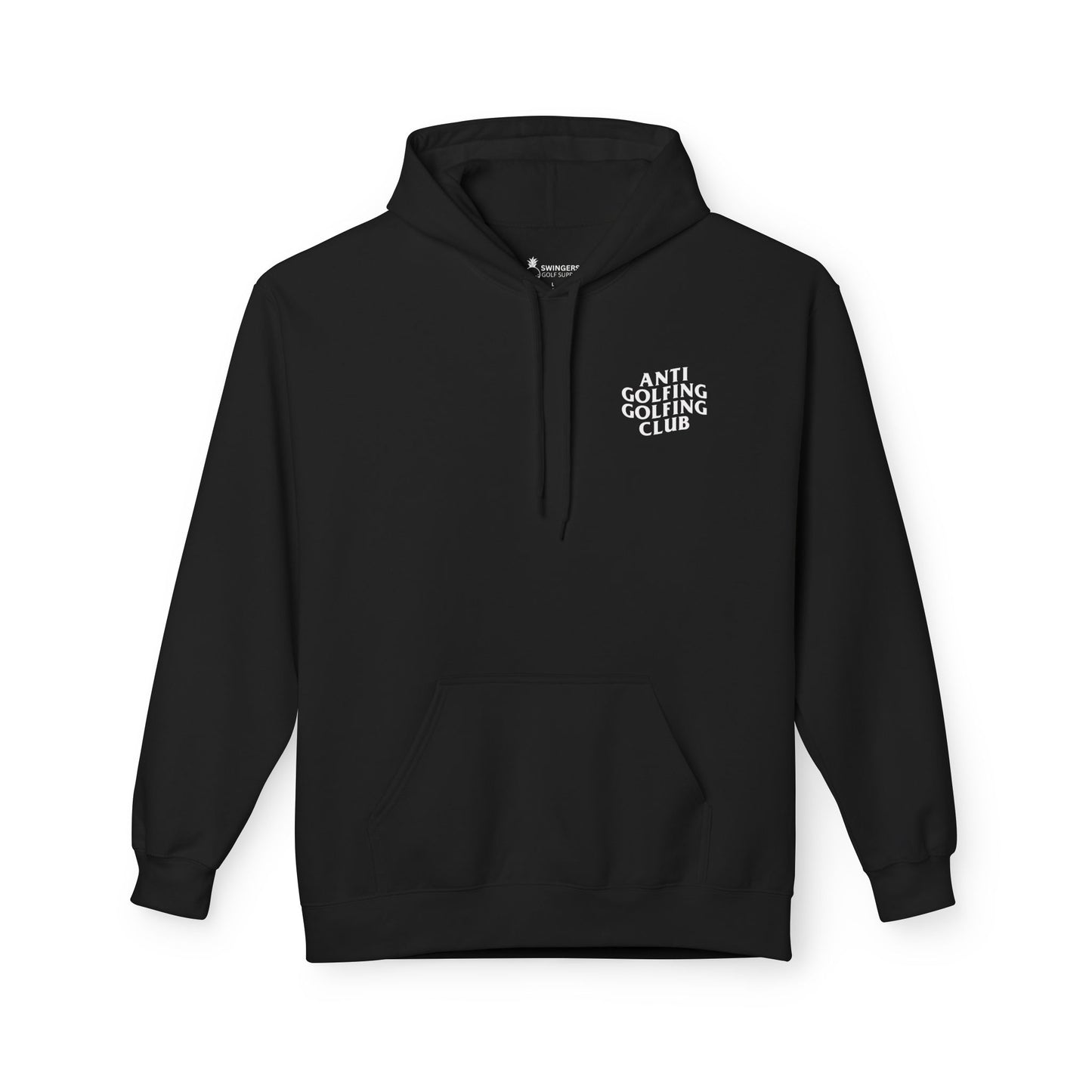 Black hoodie with 'Anti Golfing Golfing Club' text on a white background
