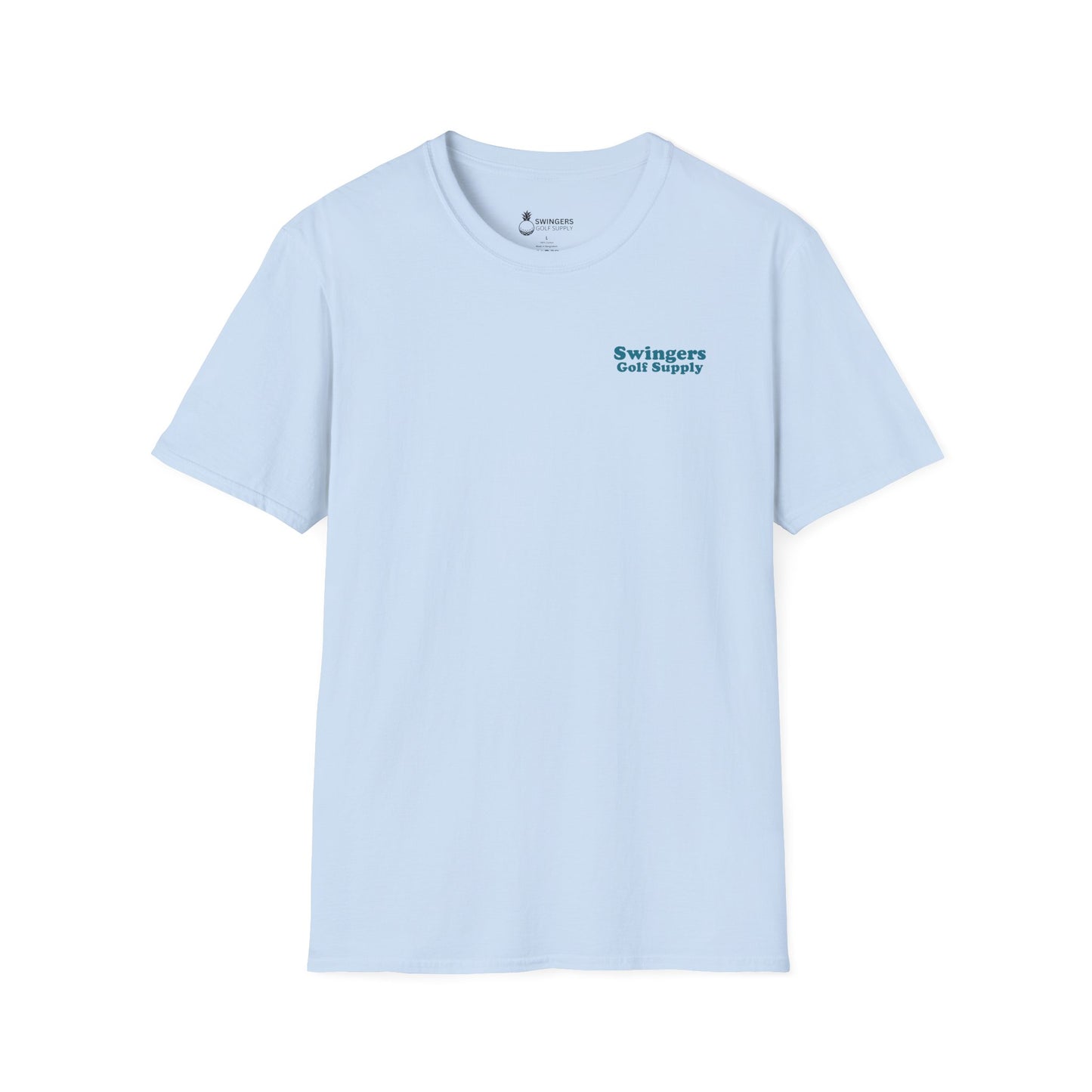 Light blue t-shirt with 'Swingers Golf Supply' text on a white background
