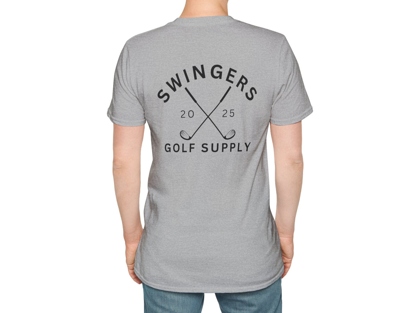 Person wearing a gray t-shirt with 'Swingers Golf Supply' text on the back