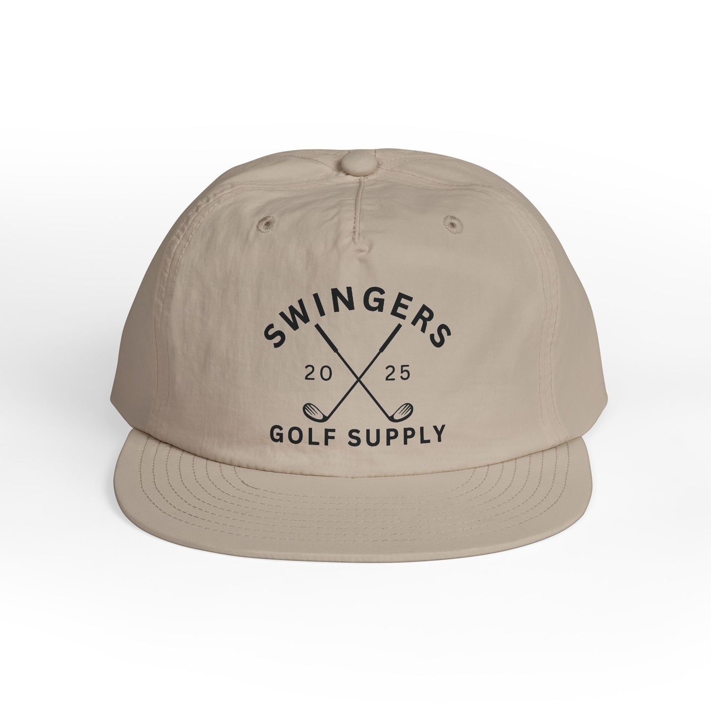 Beige cap with 'Swingers Golf Supply' text and golf club graphics on a white background