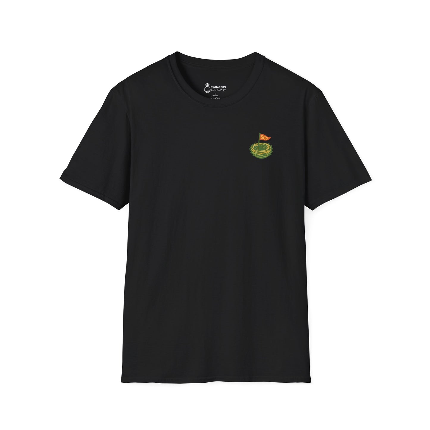Black t-shirt with a small logo on the chest against a white background