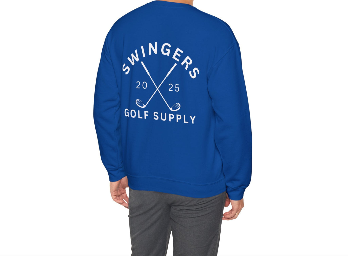 Person wearing a blue sweatshirt with 'Swingers Golf Supply' text and design on the back.