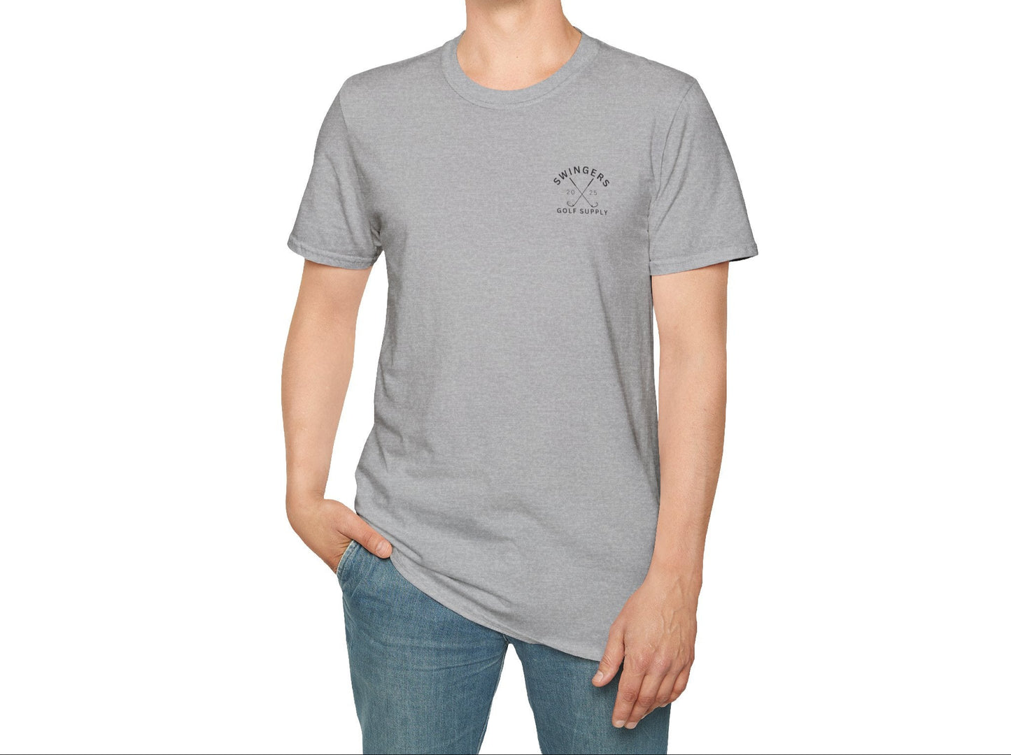 Man wearing a gray t-shirt with a logo on a white background