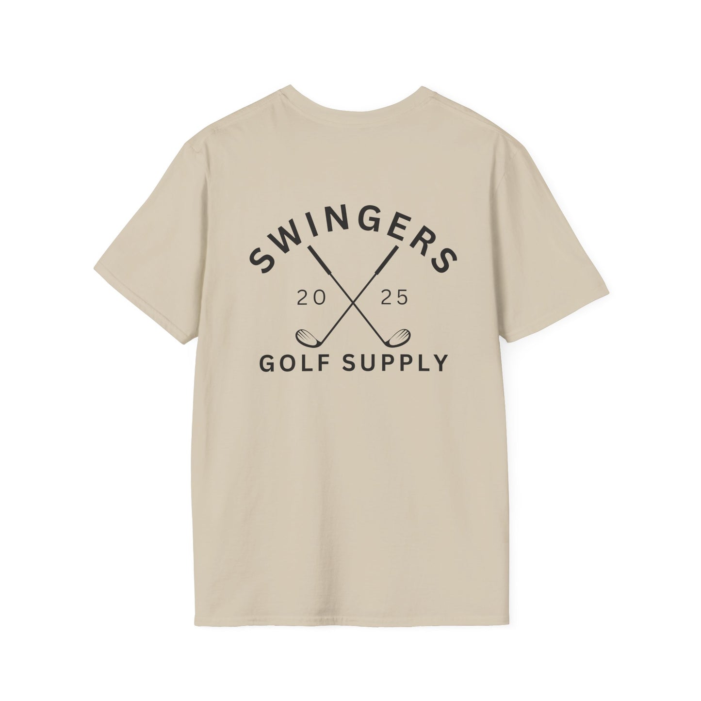 Beige t-shirt with 'Swingers Golf Supply' logo on the back against a white background