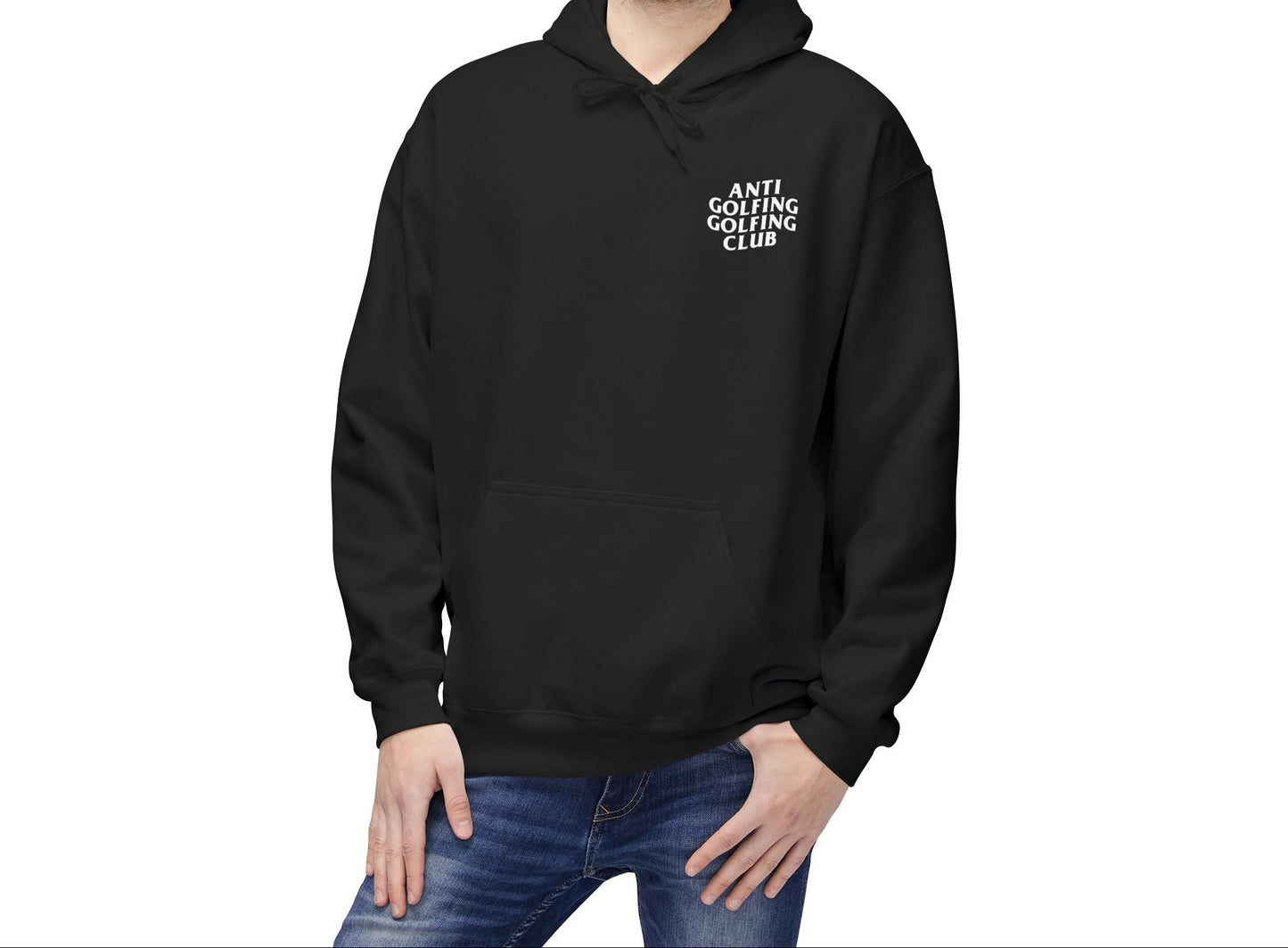 Man wearing a black hoodie with text on a white background