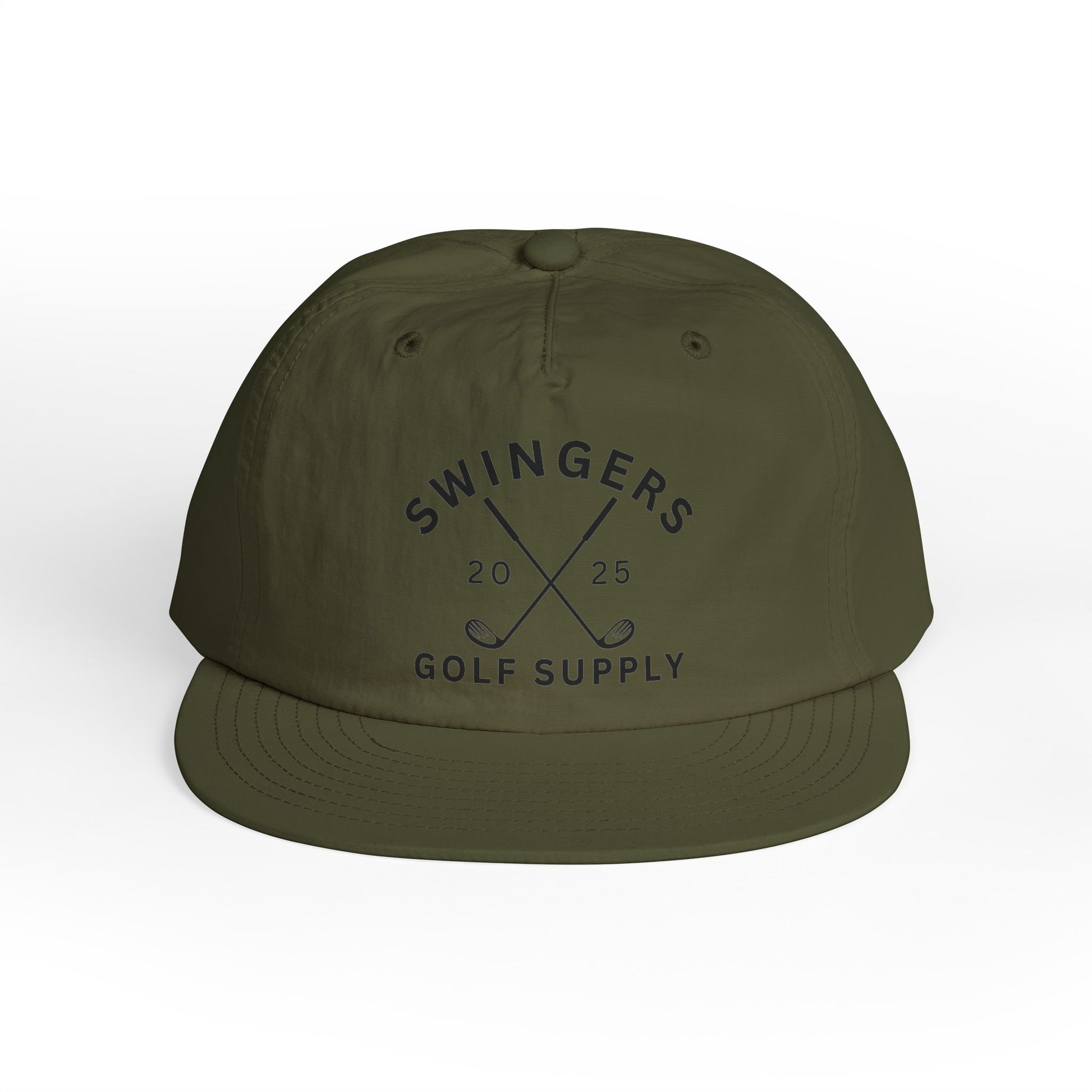 Green cap with 'Swingers Golf Supply' text on a white background