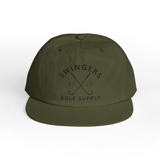 Green cap with 'Swingers Golf Supply' text on a white background