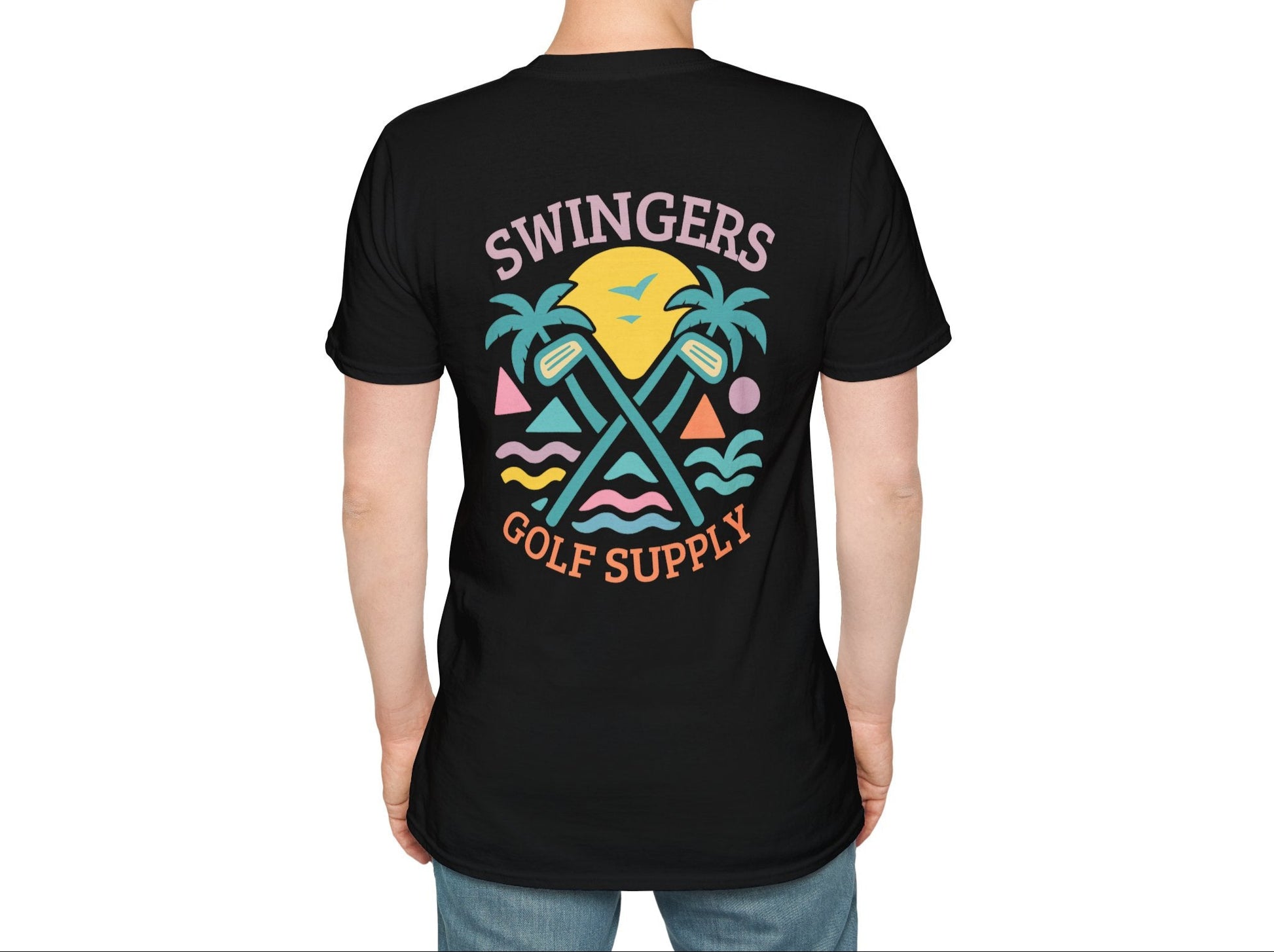 Person wearing a black t-shirt with 'Swingers Golf Supply' design on the back