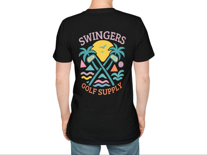 Person wearing a black t-shirt with 'Swingers Golf Supply' design on the back