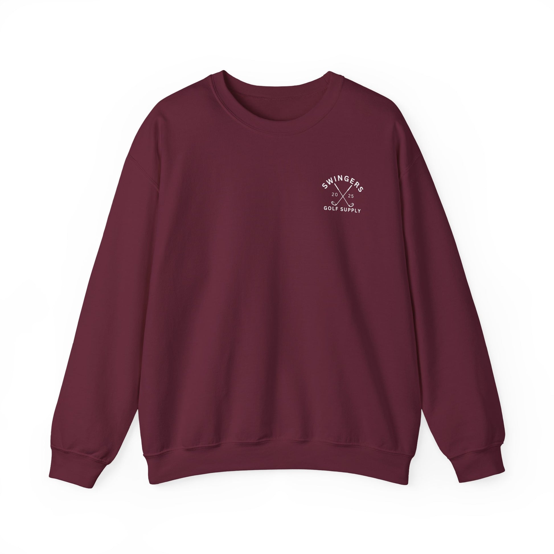Maroon sweatshirt with a logo on a white background