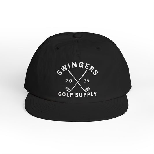 Black cap with 'Swingers Golf Supply' text and design on a white background