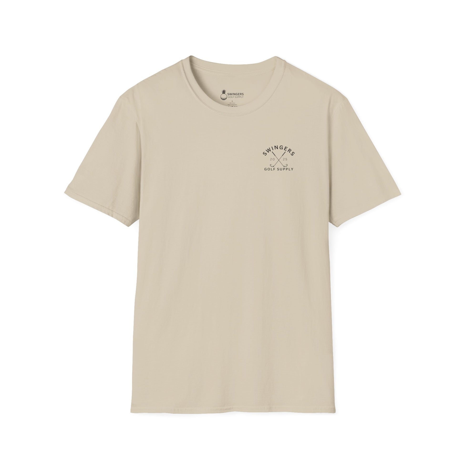 Beige t-shirt with a logo on a white background