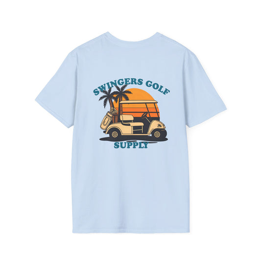 Light blue t-shirt with a graphic of a golf cart and palm trees on the back, on a white background.