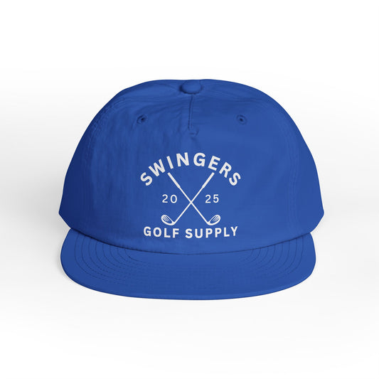 Blue cap with 'Swingers Golf Supply' text on a white background