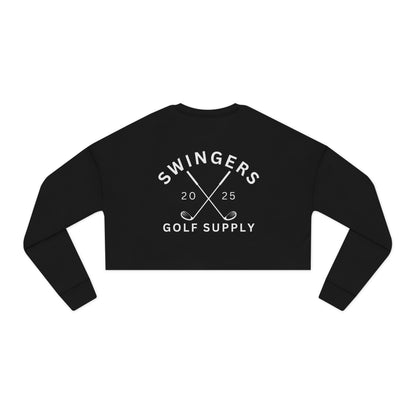 Black cropped sweatshirt with 'Swingers Golf Supply' text on a white background