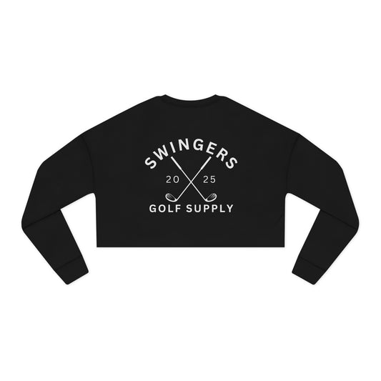 Black cropped sweatshirt with 'Swingers Golf Supply' text on a white background