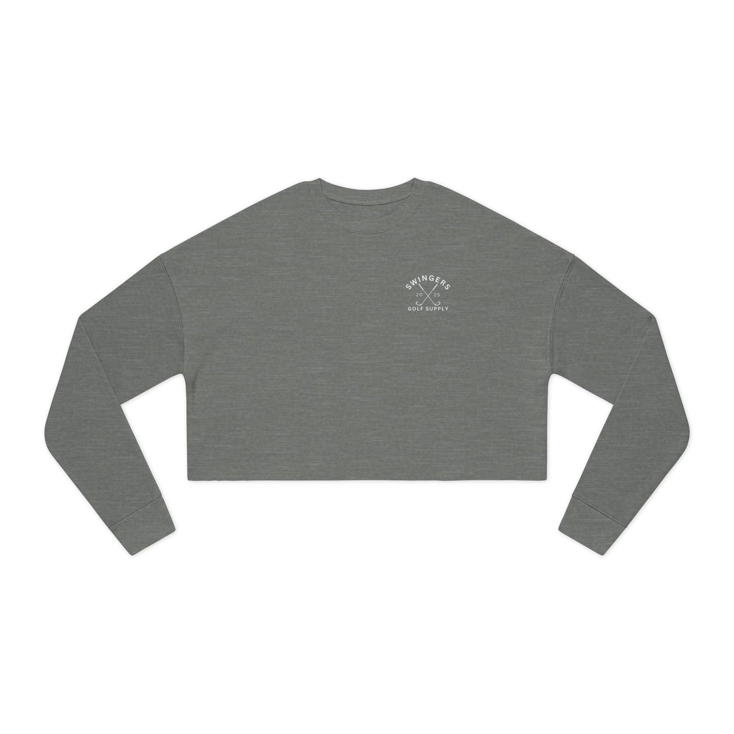 Gray long-sleeve crop top with a logo on a white background