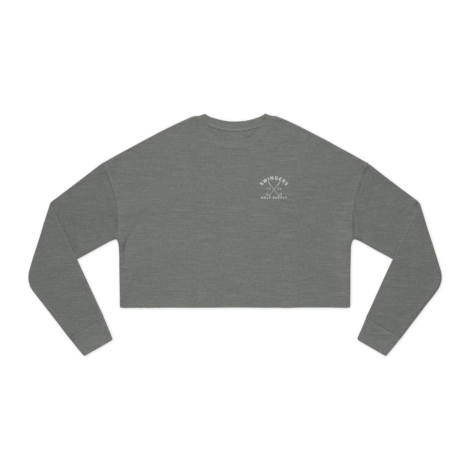 Gray long-sleeve crop top with a logo on a white background