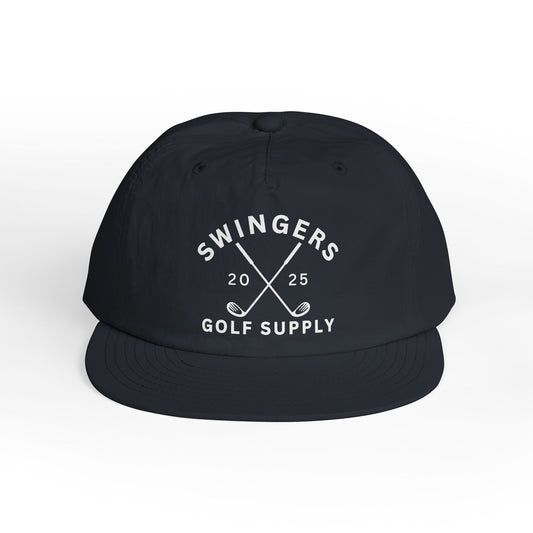 Black cap with 'Swingers Golf Supply' text and design on a white background
