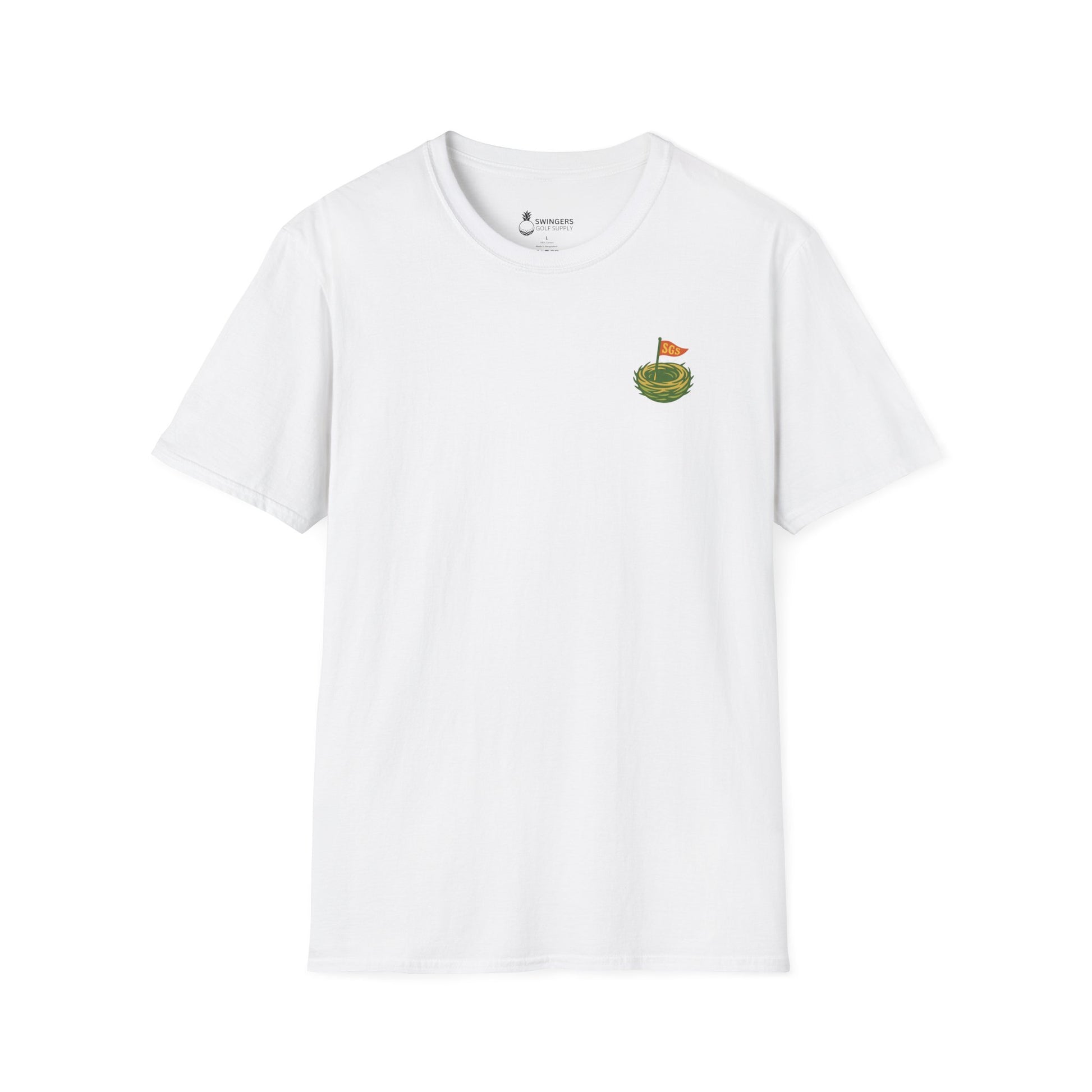 White t-shirt with a small graphic on a white background