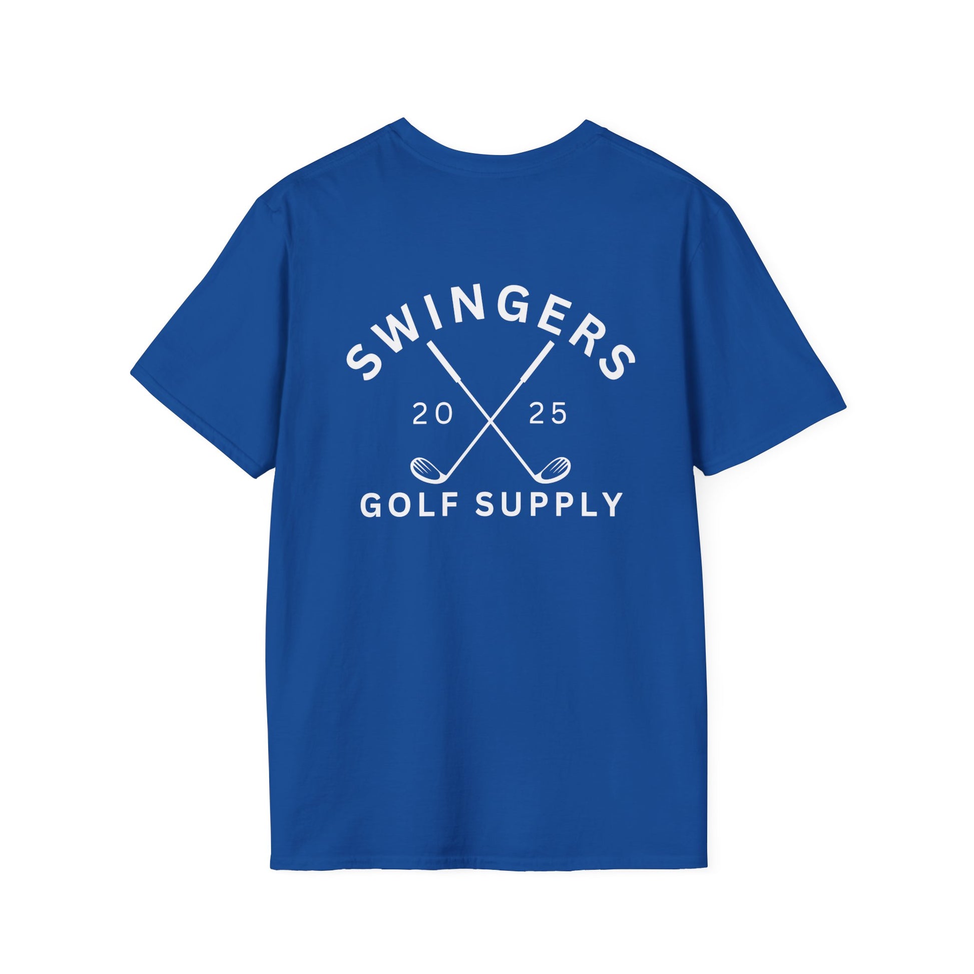 Blue t-shirt with 'Swingers Golf Supply' text and design on a white background