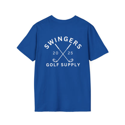 Blue t-shirt with 'Swingers Golf Supply' text and design on a white background