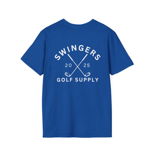 Blue t-shirt with 'Swingers Golf Supply' text and design on a white background