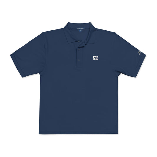 Navy blue polo shirt with a logo on a white background