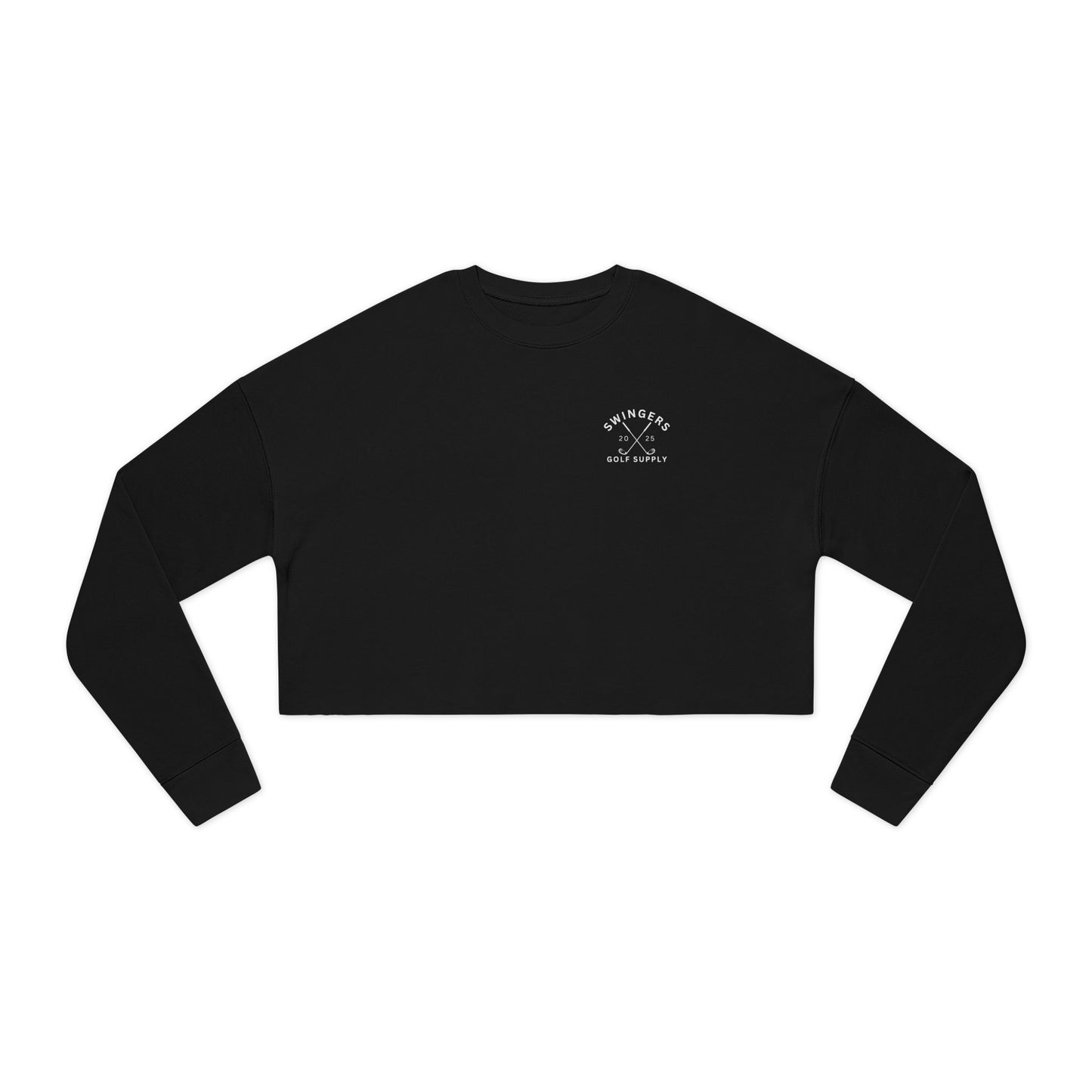 Black cropped sweatshirt with a logo on a white background