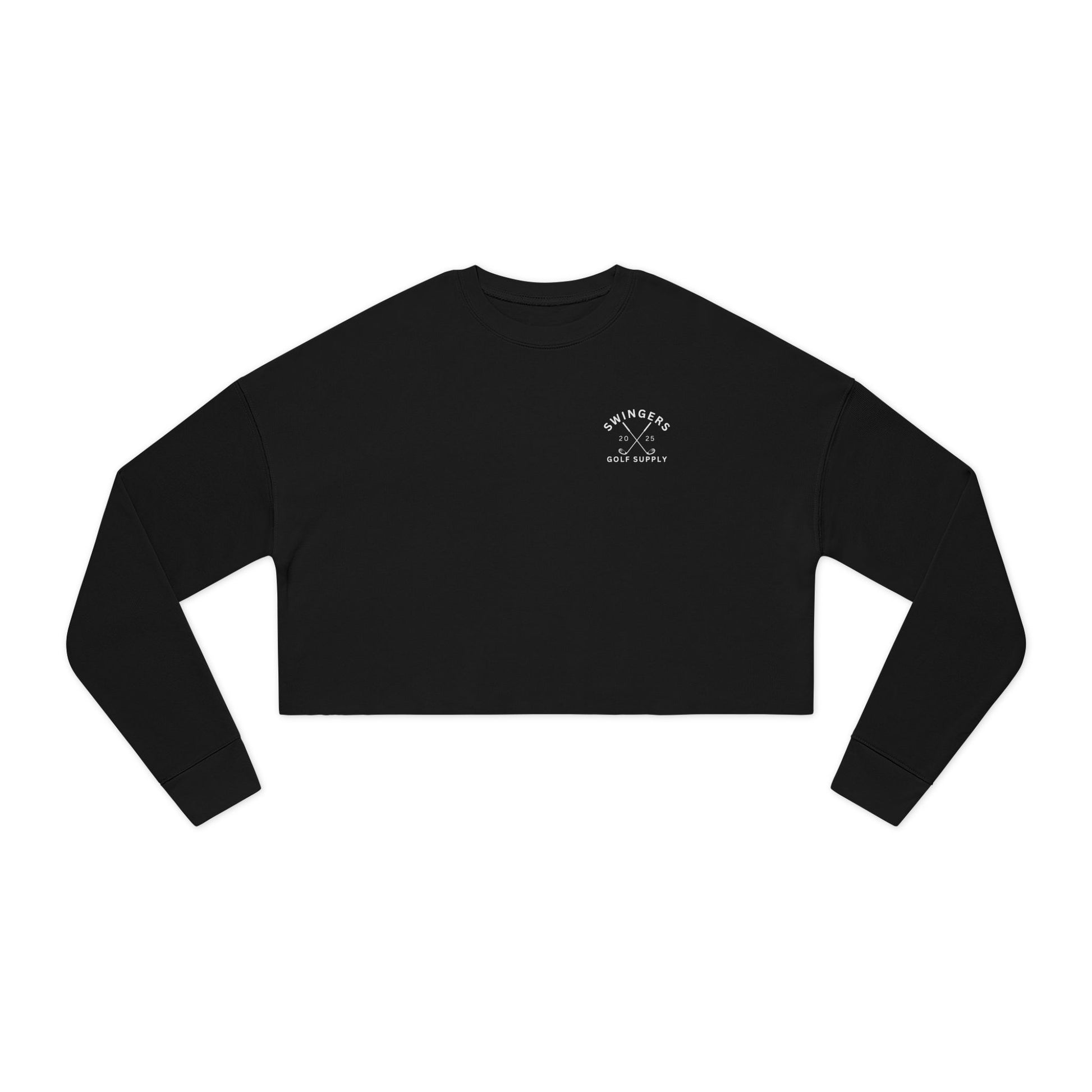 Black cropped sweatshirt with a logo on a white background