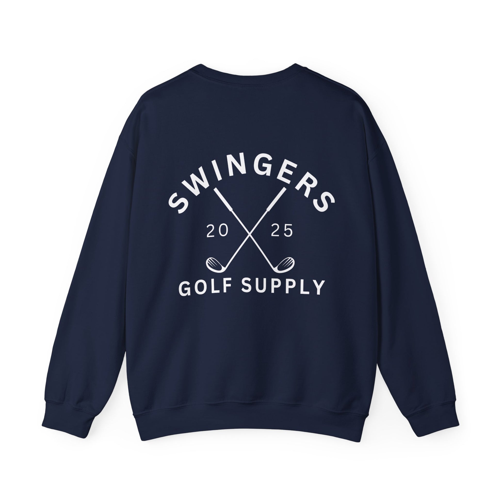 Navy blue sweatshirt with 'Swingers Golf Supply' text and design on a white background