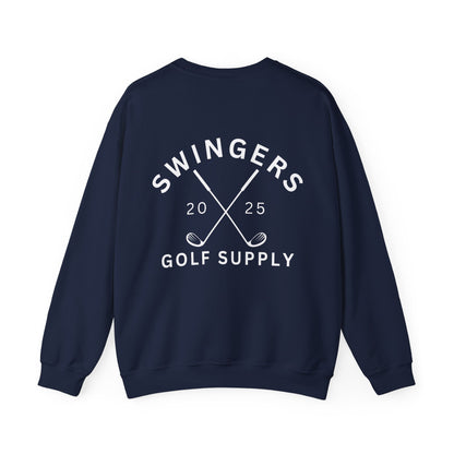 Navy blue sweatshirt with 'Swingers Golf Supply' text and design on a white background