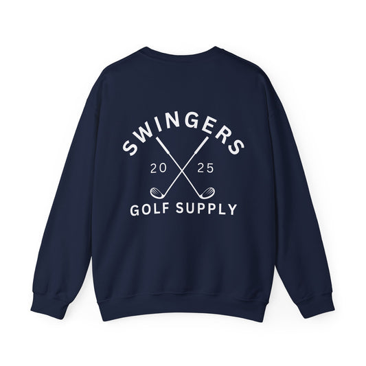 Navy blue sweatshirt with 'Swingers Golf Supply' text and design on a white background