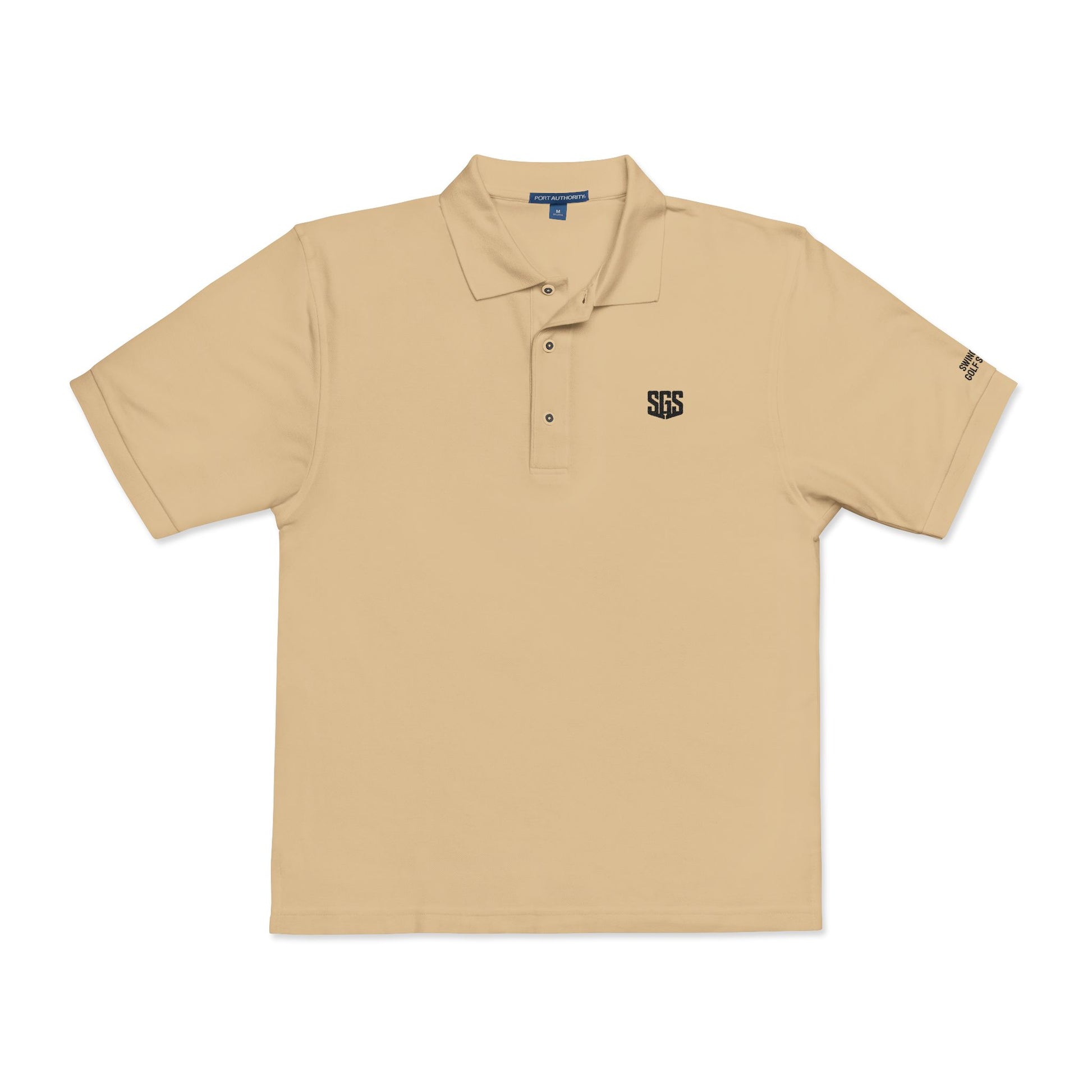 Beige polo shirt with a logo on a white background