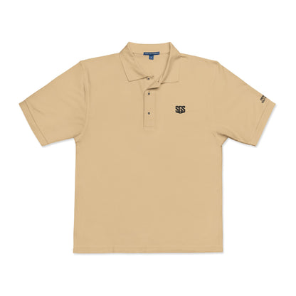 Beige polo shirt with a logo on a white background