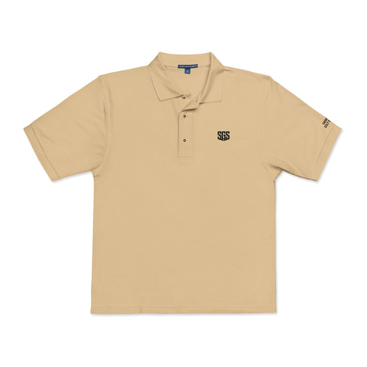 Beige polo shirt with a logo on a white background