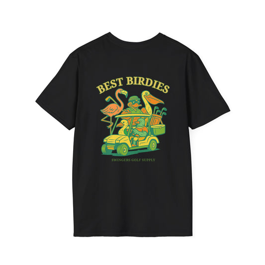 Black t-shirt with a colorful graphic and 'Best Birdies' text on a white background