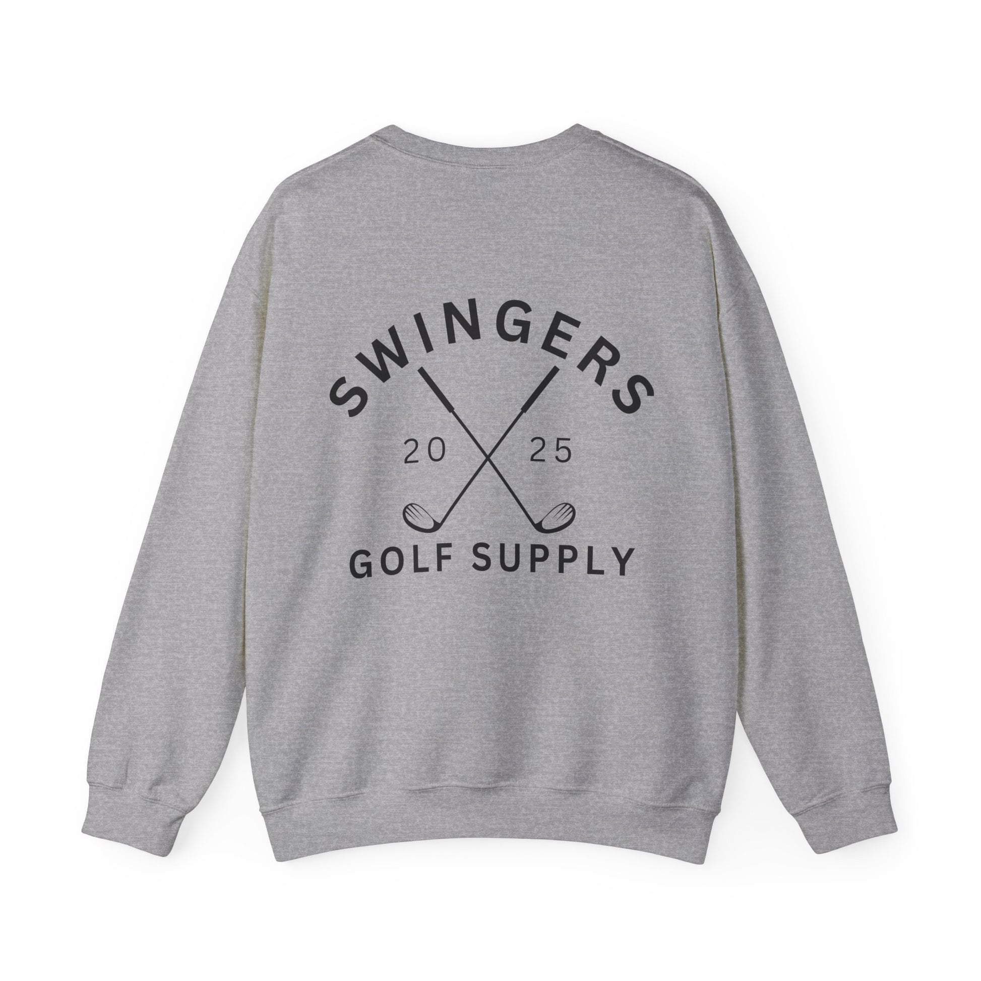 Gray sweatshirt with 'Swingers Golf Supply' text and golf club graphics on a white background