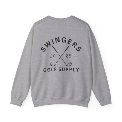 Gray sweatshirt with 'Swingers Golf Supply' text and golf club graphics on a white background